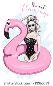 Beautiful young girl in swimsuit swimming with pink inflatable flamingo. Sketch. Summer set. Vector illustration.