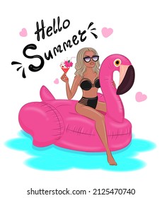 A beautiful young girl in a swimsuit swims on a pink inflatable flamingo and drinks a cocktail, summer illustration, lettering Hello summer tropics, fashion, style, print on textiles, on a t-shirt  