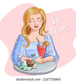 Beautiful young girl at a table in a cafe muffin with a cherry and a milkshake