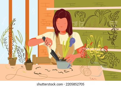 Beautiful young girl takes care of houseplants. Caring for indoor plants. Daily life of a young woman. Flat Vector Illustration