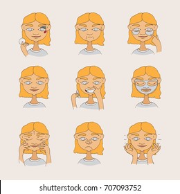 Beautiful young girl taking care of her skin and face. Hand drawn blonde woman with smile on face, wrinkles, black dots. Cosmetology procedures, treatment and facial masks for skin in bright colors