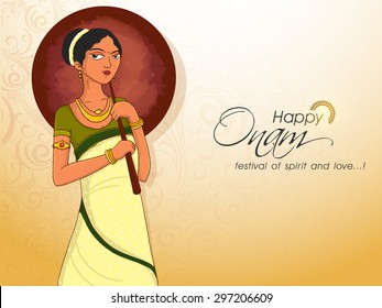 Beautiful young girl in traditional dress holding umbrella on shiny floral design decorated background for South Indian festival, Happy Onam celebration.