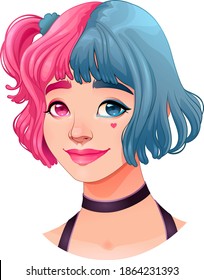 Beautiful young girl with two colors in her hair. Vector cartoon isolated character
