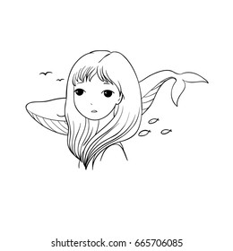 Beautiful young girl with a whale. Sea animals. isolated objects on white background. Vector illustration.