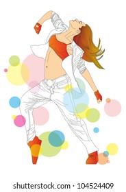 Beautiful young girl in white jeans dancing on a background of colored circles