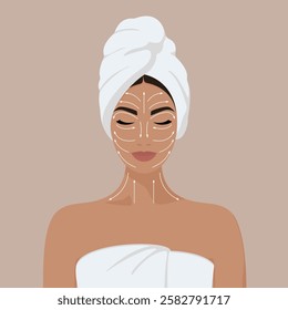 Beautiful young girl with white towel on her head taking care of her facial skin. Woman's face with eyes closed with massage lines indicated by arrows, gua sha. Vector flat illustration EPS10

