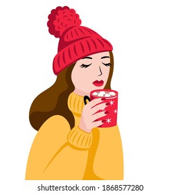 A beautiful young girl in a winter hat drinks hot cocoa with marshmallows. Vector illustration.