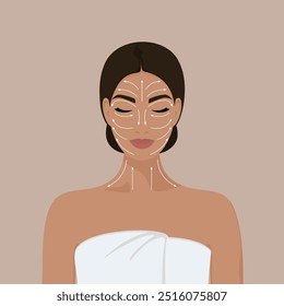 Muchacha joven hermosa, mujer con los ojos cerrados que cuida de su piel facial. Cara femenina con líneas de masaje indicadas por flechas, gua sha. Ilustración plana de dibujos animados de Vector EPS10

