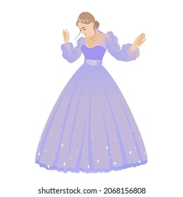 Schöne junge Frau tanzt in einem langen lila Ball Kleid mit Sequins. Aschenputtel, Prinzessin, Ball. Einzige Vektorgrafik auf weißem Hintergrund