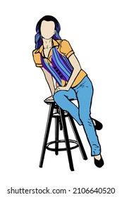 Beautiful young girl, woman in jeans, blouse and vest is sitting on bar stool. Abstract minimalist vector design