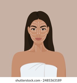 Beautiful young girl, woman taking care of her facial skin. Woman's face with massage lines indicated by arrows, gua sha. Vector flat cartoon illustration EPS10

