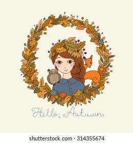 Beautiful young girl in a wreath. Owl and a squirrel. Vector illustration.