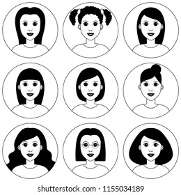 Beautiful young girls avatar set. Pretty girl with different haircut style. Black and white vector clipart illustration isolated on white background