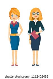 Beautiful, young girls, businesswoman, entrepreneurs, in strict business attire. Successful business girls with glasses, with documents, beautiful hairs. Illustration in cartoon style.