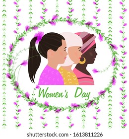 Beautiful young girls of different nationalities together. Female silhouettes in profile in flat style. Text Women's Day. Frame of spring flowers around women. Greeting card, International Womens Day