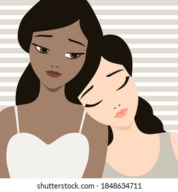 Beautiful young girls friends flat style vector illustration. Love, friendship and diversity concept. Intimate and sapphic female couple portrait.