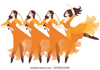 Beautiful young girls in orange dresses dance isolated on white background. Horizontal border.