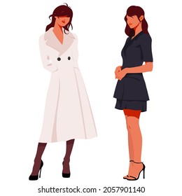 Beautiful young girls in stylish outfits. Fashion business women. Business women on a white background in beautiful clothes. Vector illustration.