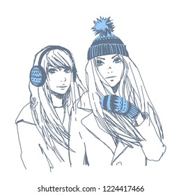 Beautiful young girls in winter. Vector hand-drawn sketch.