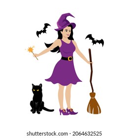 Beautiful young halloween witch with black cat and broom vector. Pretty woman witch in purple dress vector. Magic halloween supplies icon set isolated on a white background
