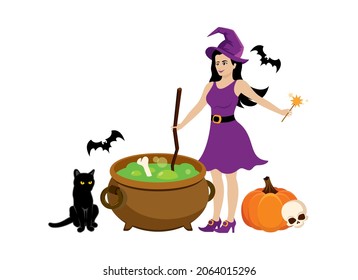 Beautiful young halloween witch with a magic cauldron vector. Pretty woman witch in purple dress vector. Magic halloween supplies icon set isolated on a white background