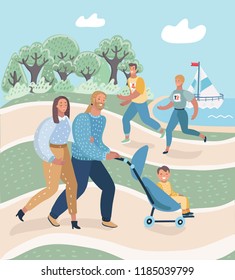 Beautiful young happy couple with baby boy resting in park outdoors. Parents with their child in baby-carriage walking on the nature. Man and woman running or jogging. Vector cartoon illustration 