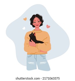 Beautiful young happy woman with black cat. Teenager girl holding a kitty in her arms. Caring for animals concept. Female character isolated. Vector cartoon flat Illustration for avatar, poster,  card