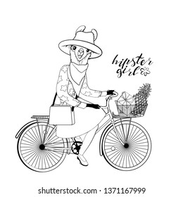 Beautiful young hipster girl with a llama head in stylish vintage outfit riding vintage hipster bicycle with basket. isolated on white background. stock vector illustration.