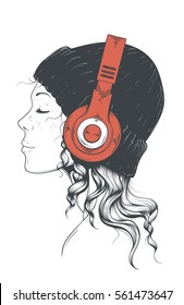 Beautiful young hipster girl in stylish modern hat and curly locks side view  Pretty woman listening to music in yer red brandless headphones  Hand drawn vector art  