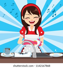 Beautiful young housewife with retro style red dress washing dishes and singing happy on kitchen