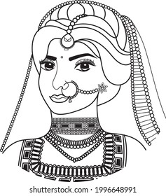 Beautiful, young Indian girl in a national holiday dress. Indian culture. Black hair. There are earrings in the ears, a necklace on the neck, a nose ring and teak on the hair. Isolated vector.