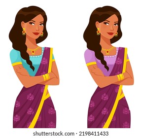 beautiful young Indian woman with braided hair, wearing colorful traditional saree, standing with her arms crossed. Cartoon character. Isolated on white.