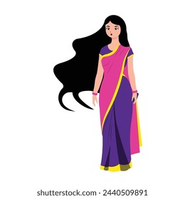 Beautiful young Indian woman with braided hair, wearing colorful traditional saree