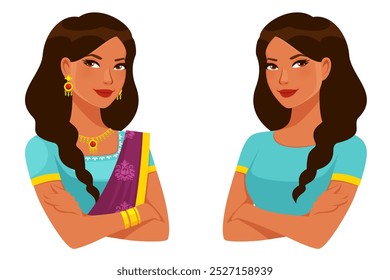 beautiful young Indian woman with braided hair, wearing colorful traditional sari or casual t-shirt, with her arms crossed. Cute cartoon character. Isolated on white.