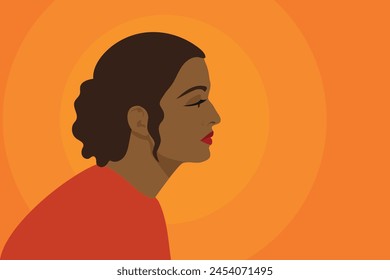 Beautiful young Indian woman, side view. An Indian woman. The elegant profile of the model with dark hair and dark skin. Vector flat illustration. A girl on a bright orange background