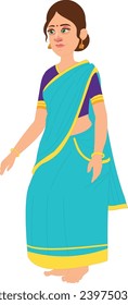 a beautiful young Indian woman, wearing traditional Indian saree or sari dress, thinking or making decision. Cartoon character. Isolated on white. Vector eps file.