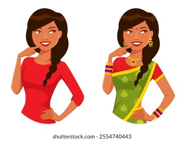 beautiful young Indian woman wearing an elegant red blouse or traditional sari with jewels, smiling and thinking or making decision. Cartoon character. Isolated in white.