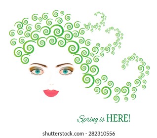 Beautiful, young, isolated woman, girl with green, curly, long hair, text Spring is here, white background