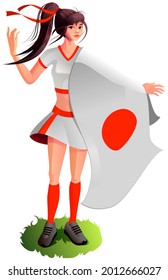 Beautiful young japanese woman holding japan flag. Cheerleader girl supports her national team. Vector cartoon illustration isolated on white