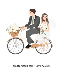 beautiful young just married wedding couple ride bicycle isolated on white background