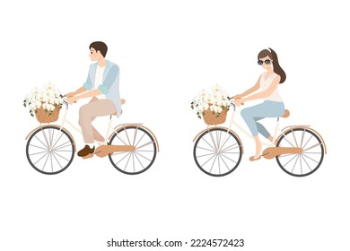 beautiful young just married wedding couple ride bicycle isolated on white background