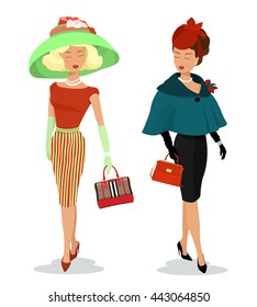 Beautiful young ladies in fashion clothes. Detailed graphic women characters with accessories. Colorful stylish girls with bags and hats. Flat style vector illustration isolated.