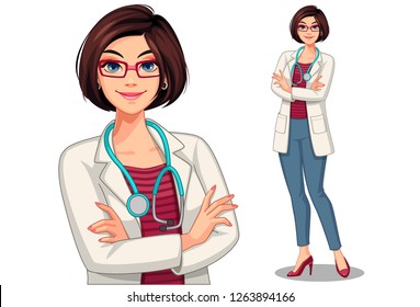 Beautiful young lady doctor with stethoscope and apron in standing position vector illustration 1