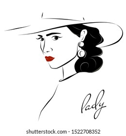 Beautiful young lady with elegant hat with red lips vector illustration