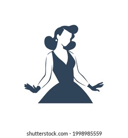 Beautiful young lady portrait isolated. Awesome model in stylish dress black hand drawn silhouette. Vector flat illustration. For emblem, tag, logo, banner etc.