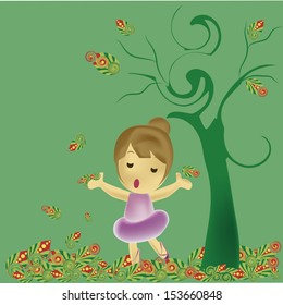 a beautiful young lady singing under a naked tree in autumn