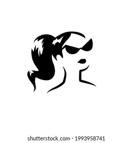 Beautiful young lady in sunglasses with ponytail portrait isolated. Awesome model head hand drawn silhouette. Vector flat illustration. For emblem, tag, logo, banner etc.
