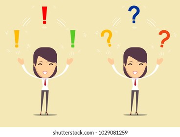 Beautiful young lady thinking with exclamation and question marks overhead. Stock flat vector illustration.