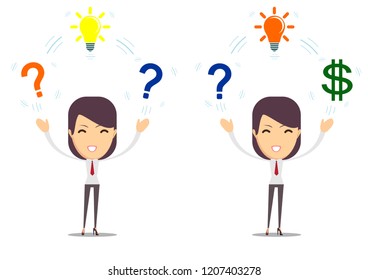 Beautiful young lady thinking with question marks overhead. Stock flat vector illustration.