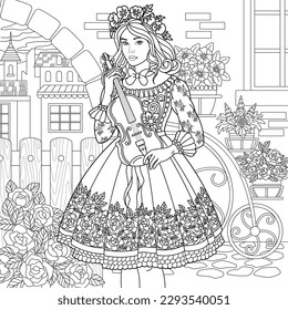 Beautiful young lady with violin. Adult coloring book page with mandala and floral elements